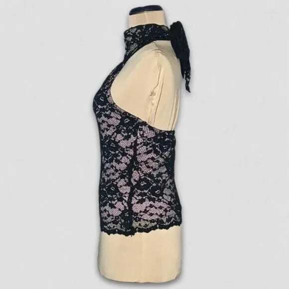 Vintage Y2K Speechless Halter Top High Neck Stretchy Sheer Lace Black Pink Sz S - Picture 3 of 13
